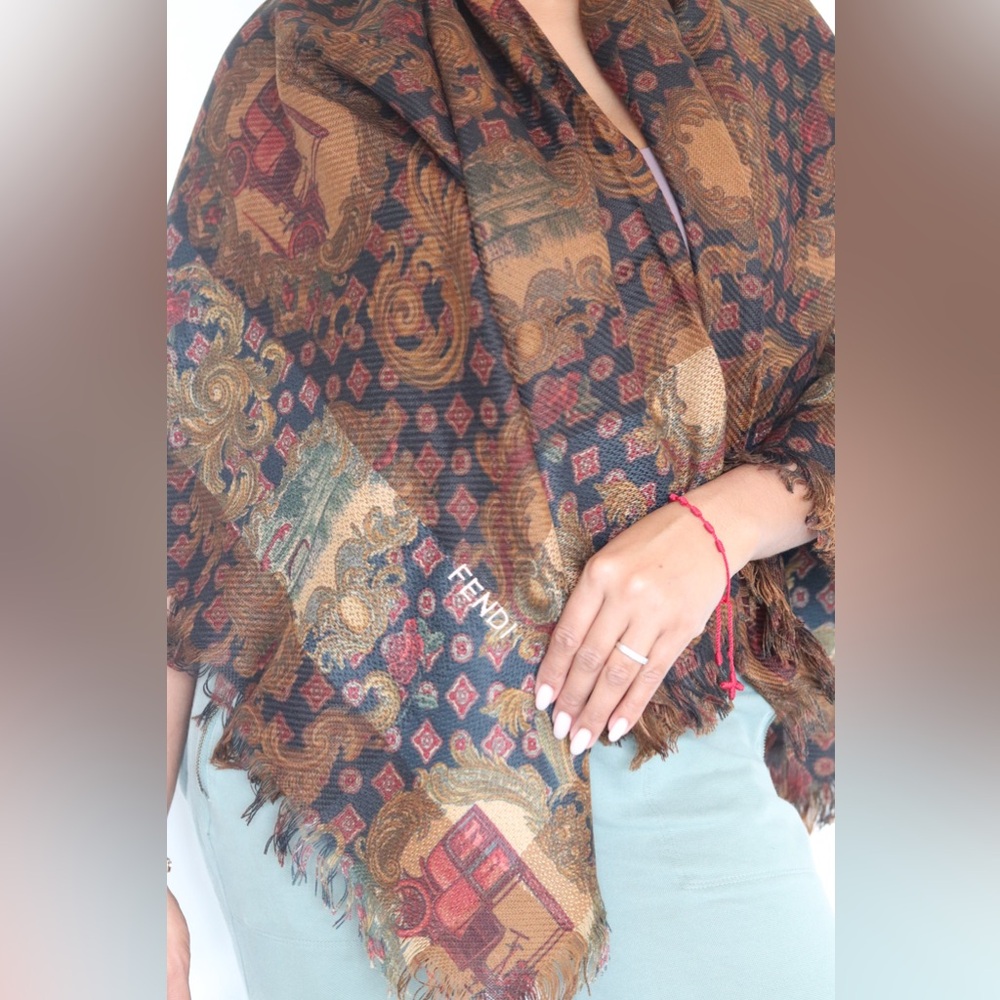 Fendi Vintage 100% Acrylic Shawl Wrap Fringe 52”x52” Square Multicolor Burgundy